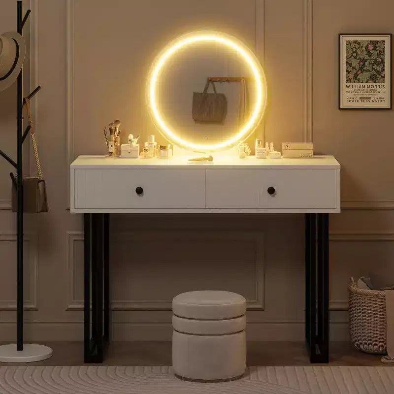 Coiffeuse avec miroir, coiffeuse de maquillage avec 2 tiroirs, 3 couleurs d'éclairage à luminosité réglable