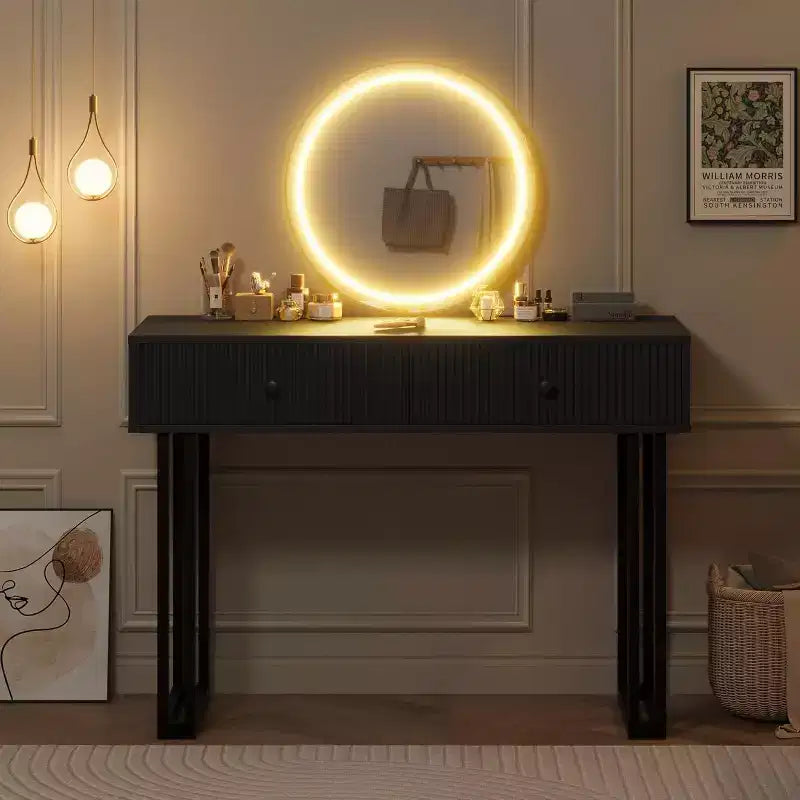 Coiffeuse avec miroir, coiffeuse de maquillage avec 2 tiroirs, 3 couleurs d'éclairage à luminosité réglable