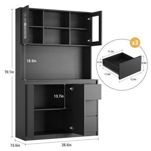 Garde-manger haut de 180 cm avec lumières LED et prises de courant, support micro-ondes avec porte en verre, étagères réglables, 3 tiroirs, design sans poignée