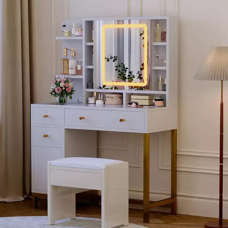 Coiffeuse avec miroir lumineux LED et prise électrique, 3 modes d'éclairage, plateau de table en acrylique blanc