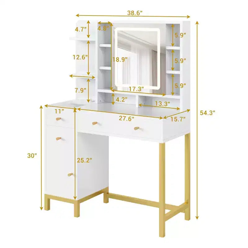 Coiffeuse avec miroir lumineux LED et prise électrique, 3 modes d'éclairage, plateau de table en acrylique blanc