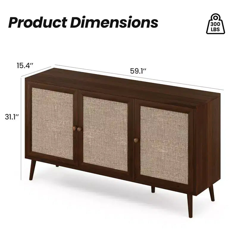 Meuble d'appoint à 3 portes en rotin, meuble de rangement de cuisine, pieds réglables modernes