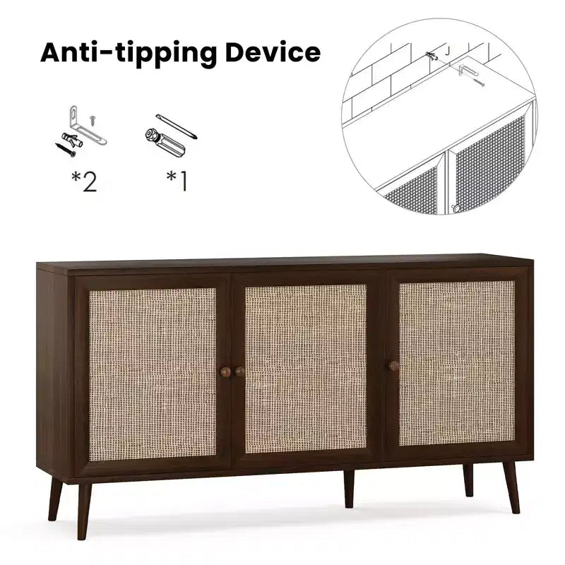 Meuble d'appoint à 3 portes en rotin, meuble de rangement de cuisine, pieds réglables modernes