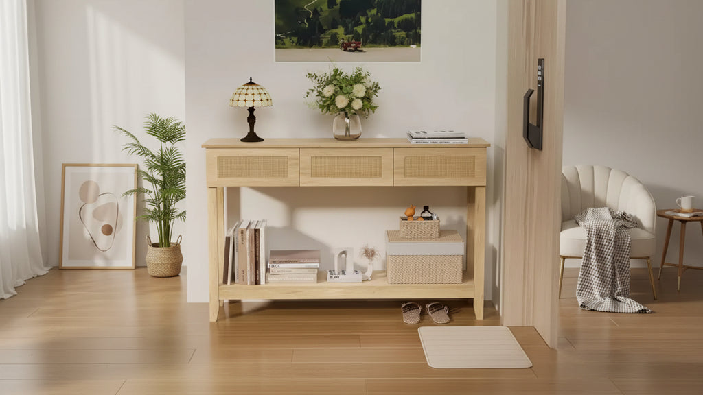VINGLI 51 Console Table with Drawers, Rattan Entryway Table with Storage Shelf, Boho Narrow Sofa Table for Living Room, Natural Rattan