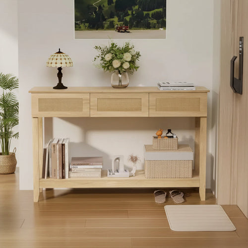VINGLI 51 Console Table with Drawers, Rattan Entryway Table with Storage Shelf, Boho Narrow Sofa Table for Living Room, Natural Rattan
