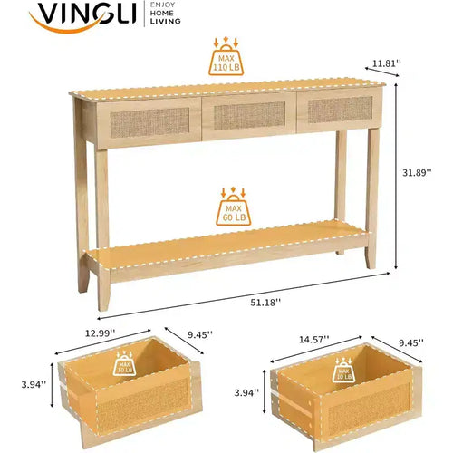 Table console 51" avec tiroirs, table d'entrée en rotin avec étagère de rangement, table de canapé étroite bohème pour salon, rotin naturel