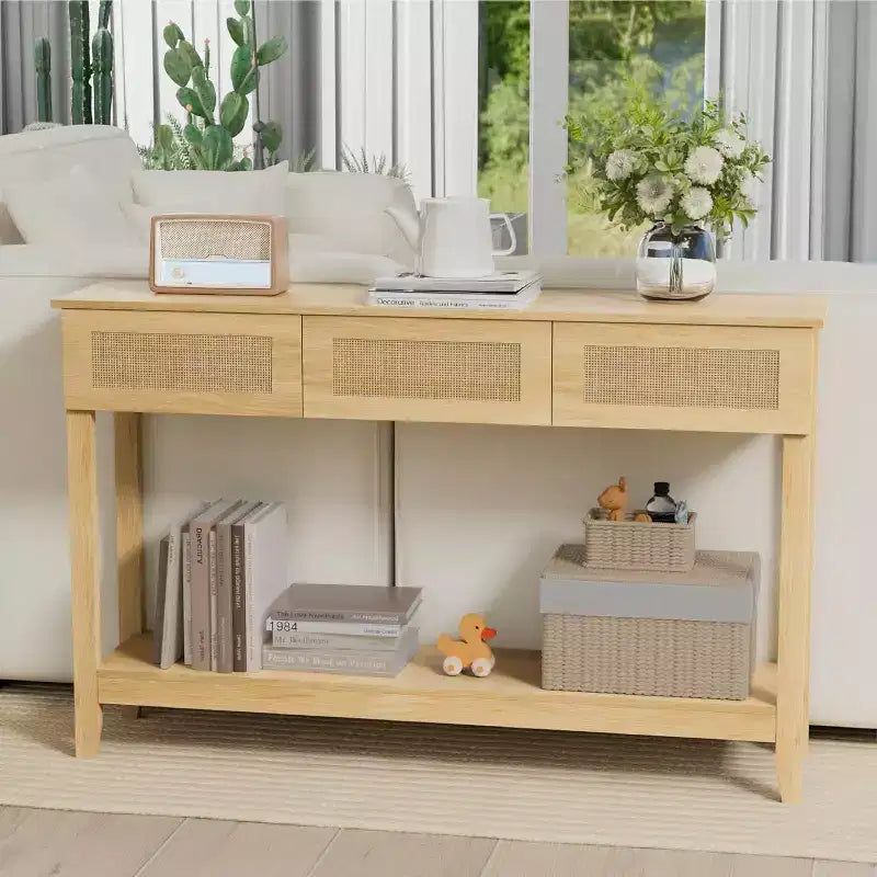 VINGLI 51 Console Table avec Tiroirs, Table d'entrée en Rotin avec Étagère de Rangement, Table Console Étroite Bohème pour Salon, Rotin Naturel