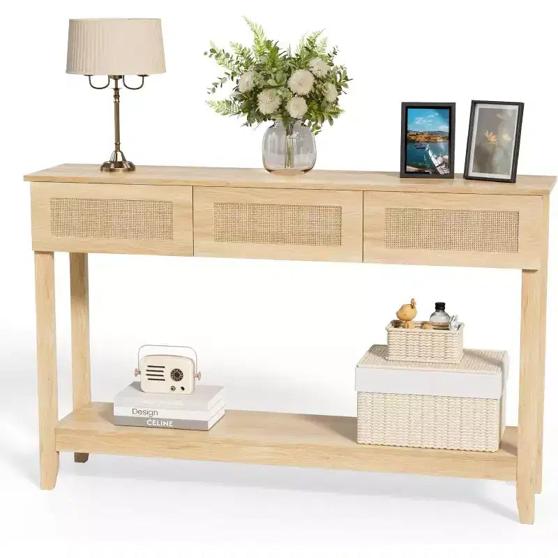 VINGLI 51 Console Table avec Tiroirs, Table d'entrée en Rotin avec Étagère de Rangement, Table Console Étroite Bohème pour Salon, Rotin Naturel
