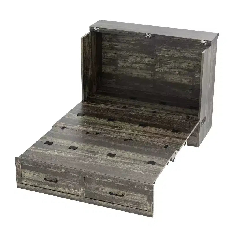 Lit escamotable grand lit/queen size avec station de recharge et tiroir de rangement, Blanc/Gris