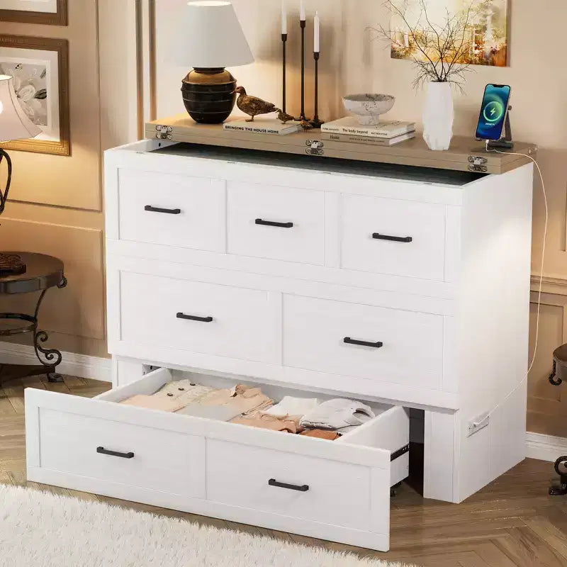 Lit escamotable grand lit/queen size avec station de recharge et tiroir de rangement, Blanc/Gris