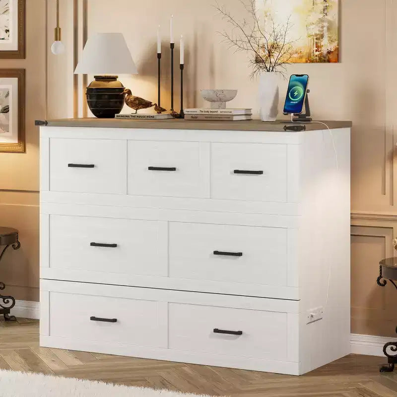 Lit escamotable grand lit/queen size avec station de recharge et tiroir de rangement, Blanc/Gris