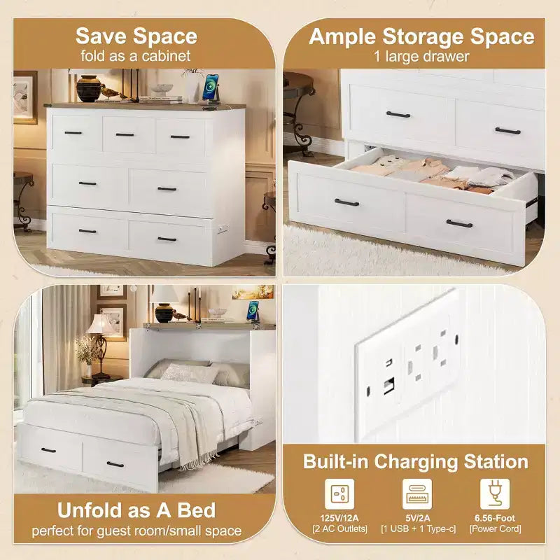 Lit escamotable grand lit/queen size avec station de recharge et tiroir de rangement, Blanc/Gris