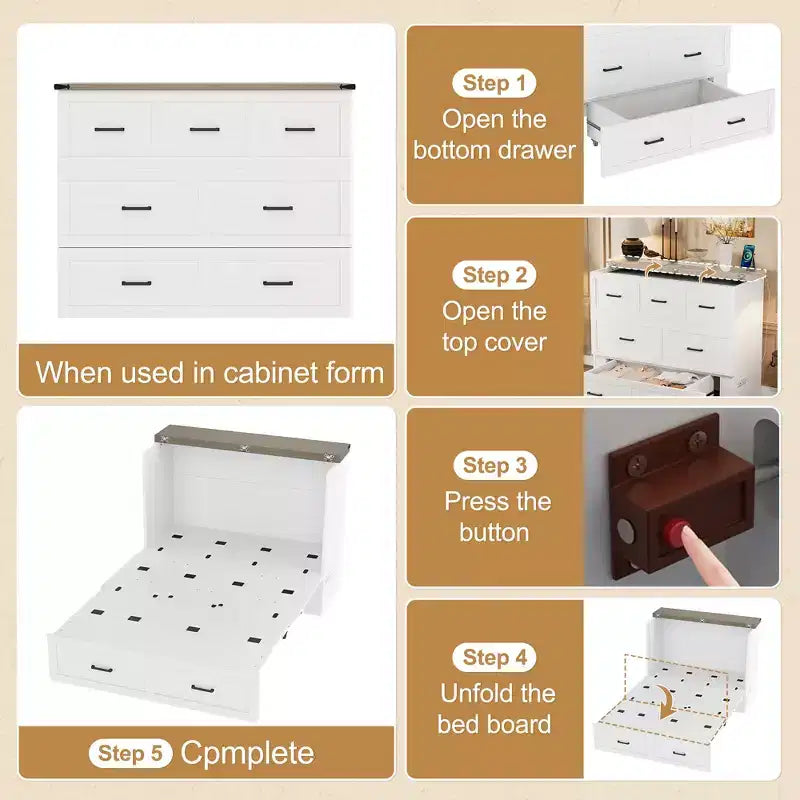 Lit escamotable grand lit/queen size avec station de recharge et tiroir de rangement, Blanc/Gris