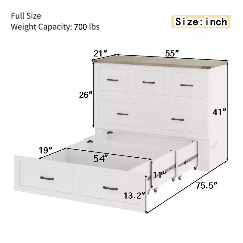 Lit escamotable grand lit/queen size avec station de recharge et tiroir de rangement, Blanc/Gris
