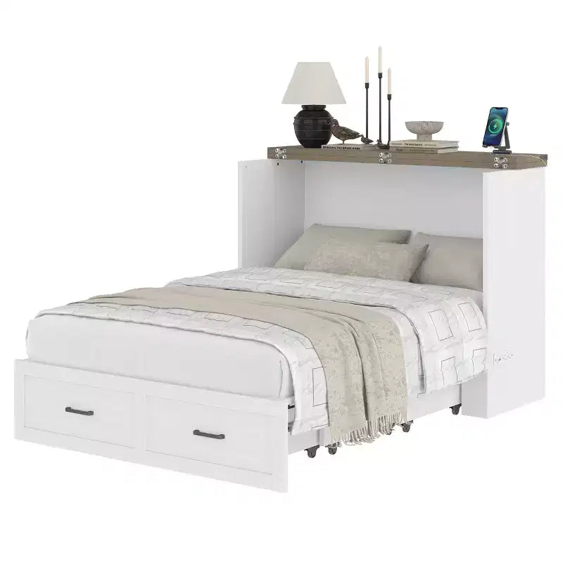 Lit escamotable grand lit/queen size avec station de recharge et tiroir de rangement, Blanc/Gris