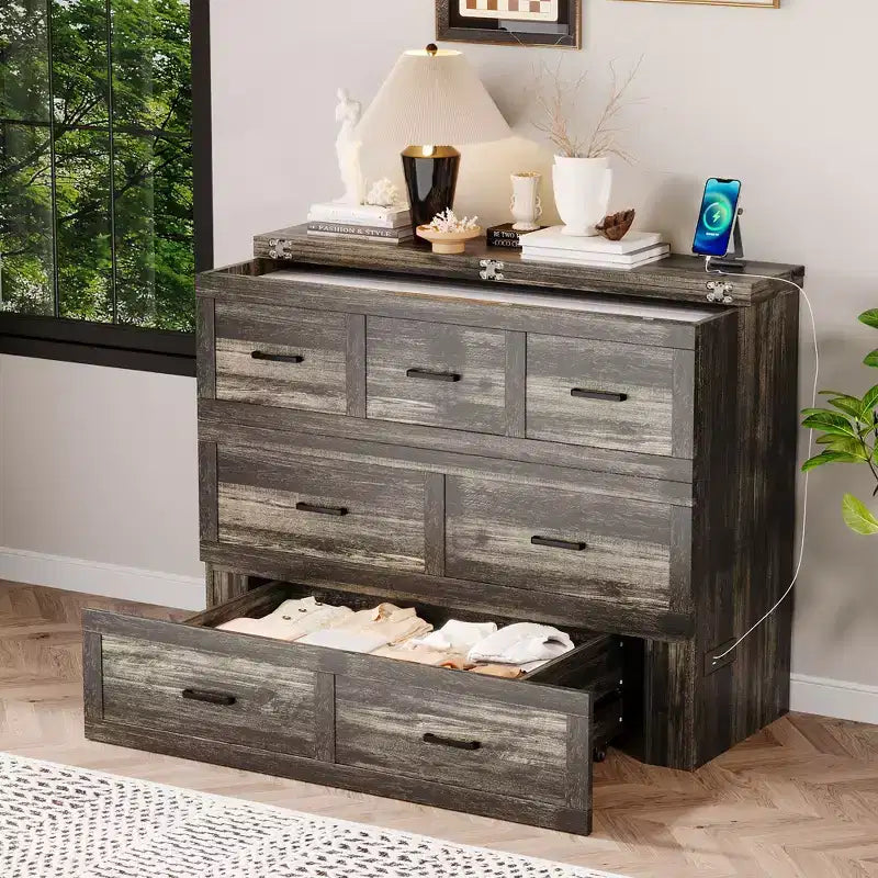 Lit escamotable grand lit/queen size avec station de recharge et tiroir de rangement, Blanc/Gris