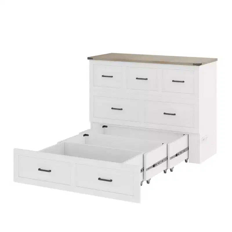 Lit escamotable grand lit/queen size avec station de recharge et tiroir de rangement, Blanc/Gris