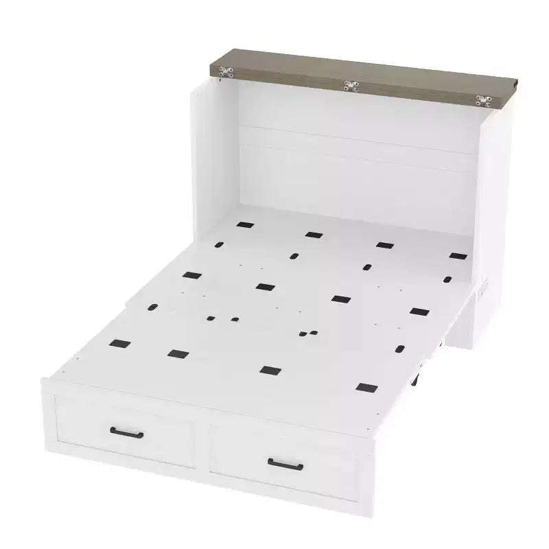 Lit escamotable grand lit/queen size avec station de recharge et tiroir de rangement, Blanc/Gris