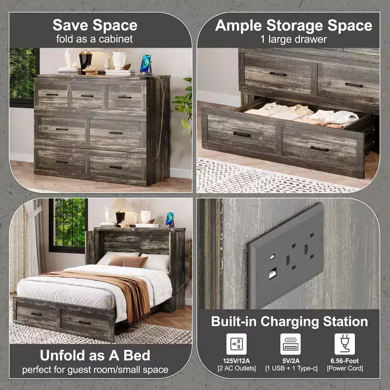 Lit escamotable grand lit/queen size avec station de recharge et tiroir de rangement, Blanc/Gris