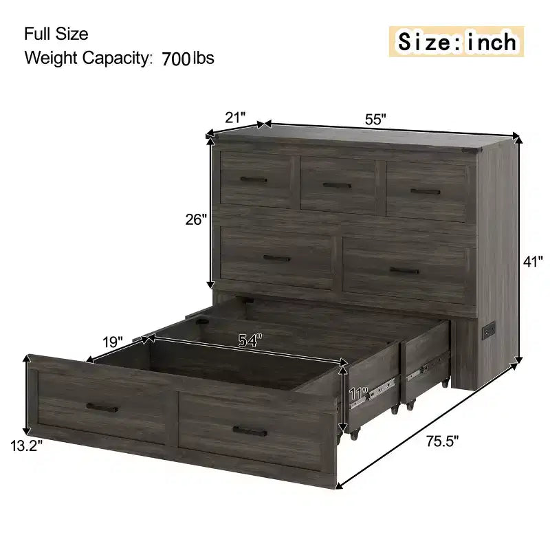 Lit escamotable grand lit/queen size avec station de recharge et tiroir de rangement, Blanc/Gris