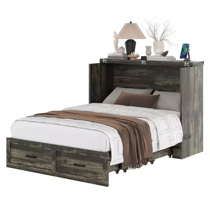 Lit escamotable grand lit/queen size avec station de recharge et tiroir de rangement, Blanc/Gris