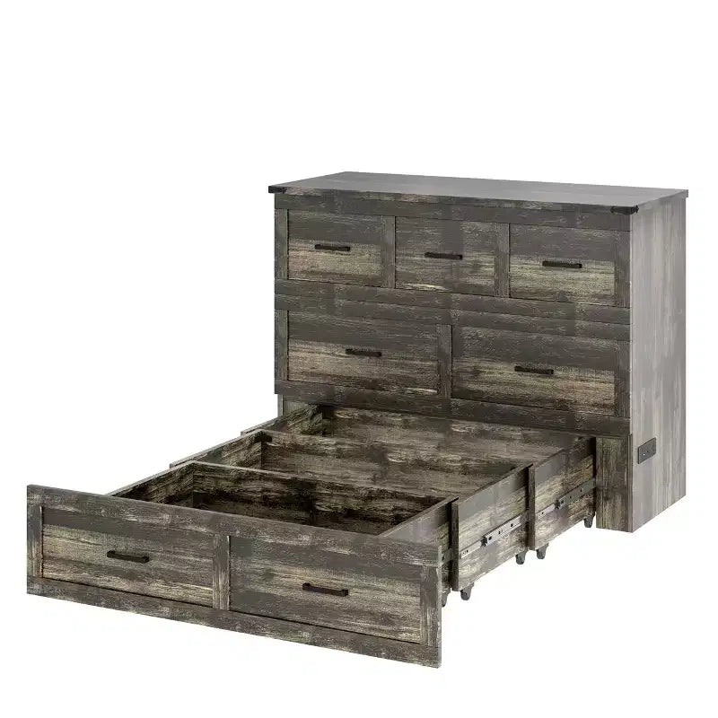 Lit escamotable grand lit/queen size avec station de recharge et tiroir de rangement, Blanc/Gris
