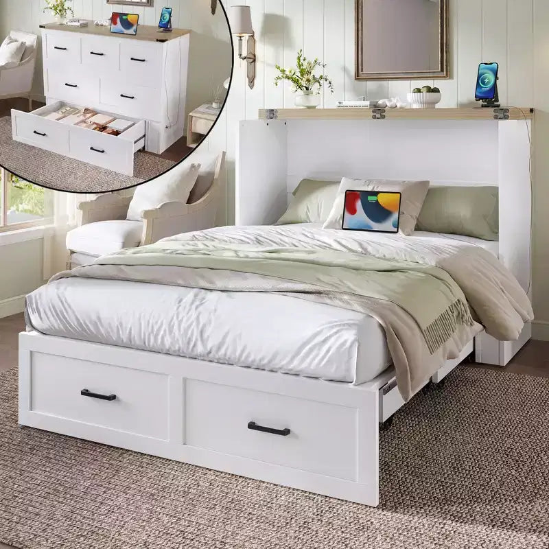 Lit escamotable grand lit/queen size avec station de recharge et tiroir de rangement, Blanc/Gris