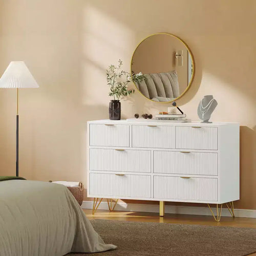 7 Drawer Dresser for Bedroom, 47.2 Wide Chest of Drawers with Metal Legs, TV Stand Dresser Storage Cabinet, Entryway Storage Organizer