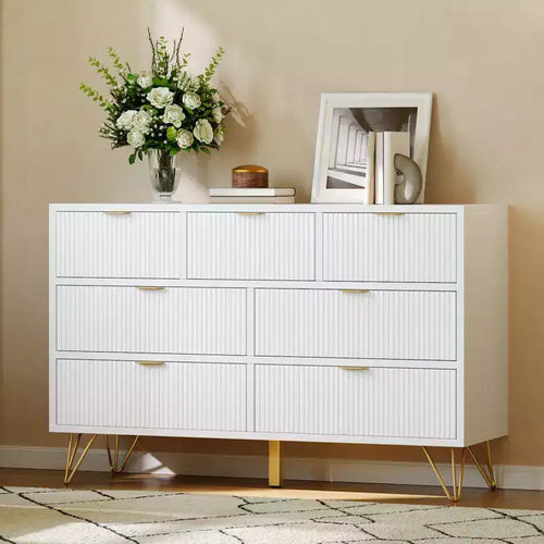 Commode à 7 tiroirs pour chambre à coucher, commode large de 120 cm avec pieds en métal, meuble TV de rangement, organisateur de rangement d'entrée