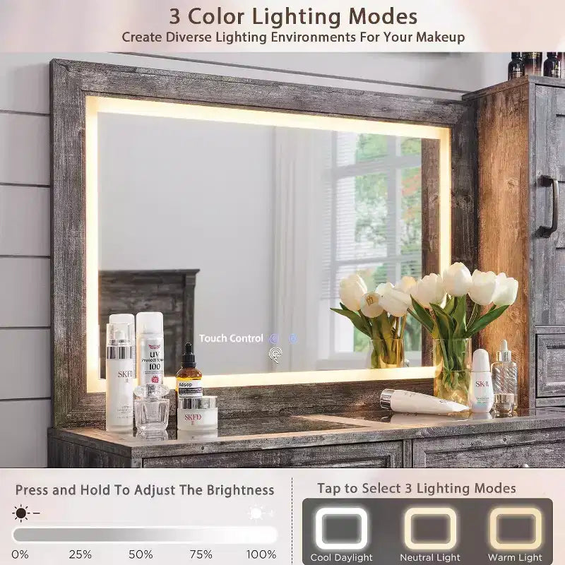 Coiffeuse de ferme avec miroir LED tactile, grande table de maquillage de 119 cm, 6 tiroirs, plateau en verre, station de charge, coiffeuse en bois rustique