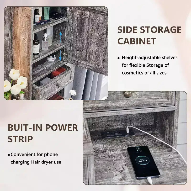 Coiffeuse de ferme avec miroir LED tactile, grande table de maquillage de 119 cm, 6 tiroirs, plateau en verre, station de charge, coiffeuse en bois rustique