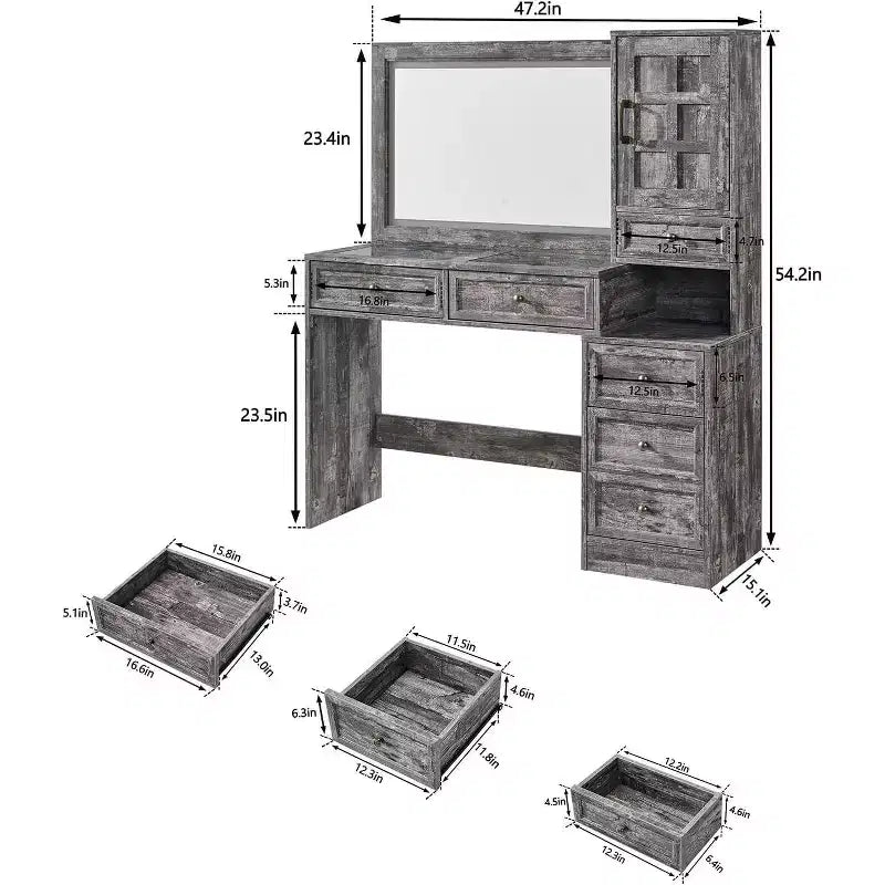 Coiffeuse de ferme avec miroir LED tactile, grande table de maquillage de 119 cm, 6 tiroirs, plateau en verre, station de charge, coiffeuse en bois rustique