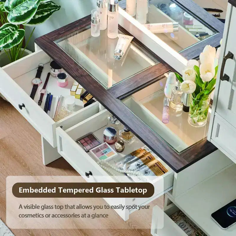 Coiffeuse de ferme avec miroir LED tactile, grande table de maquillage de 119 cm, 6 tiroirs, plateau en verre, station de charge, coiffeuse en bois rustique