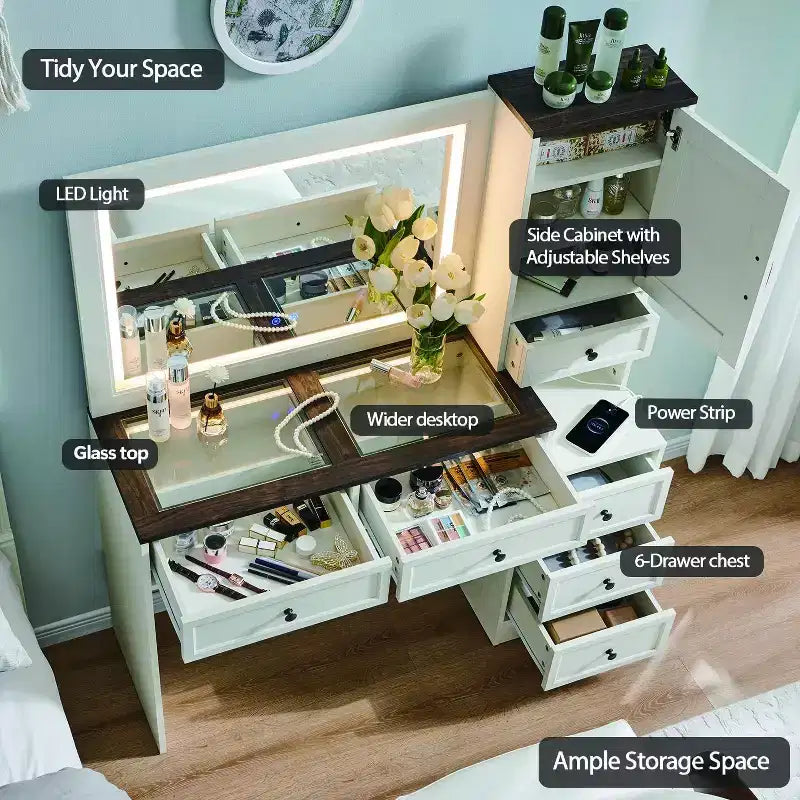 Coiffeuse de ferme avec miroir LED tactile, grande table de maquillage de 119 cm, 6 tiroirs, plateau en verre, station de charge, coiffeuse en bois rustique