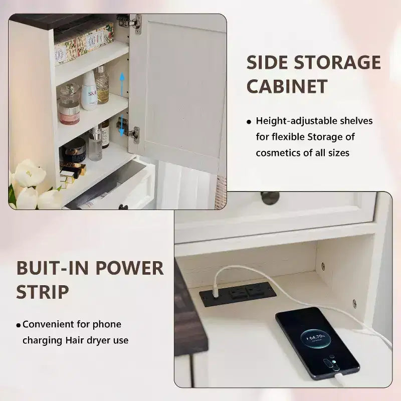 Coiffeuse de ferme avec miroir LED tactile, grande table de maquillage de 119 cm, 6 tiroirs, plateau en verre, station de charge, coiffeuse en bois rustique