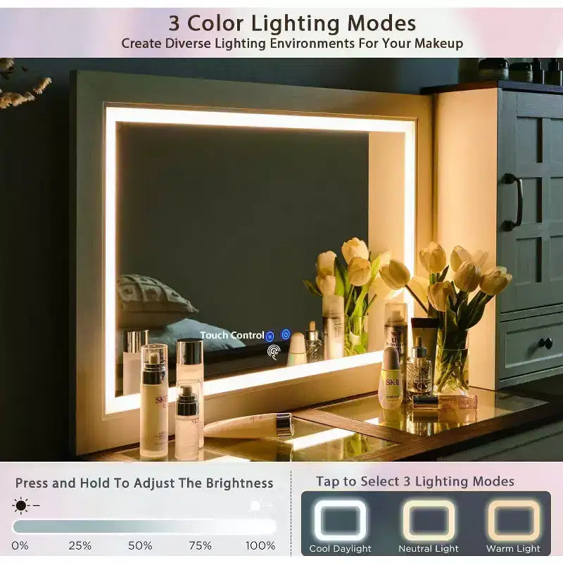 Coiffeuse de ferme avec miroir LED tactile, grande table de maquillage de 119 cm, 6 tiroirs, plateau en verre, station de charge, coiffeuse en bois rustique
