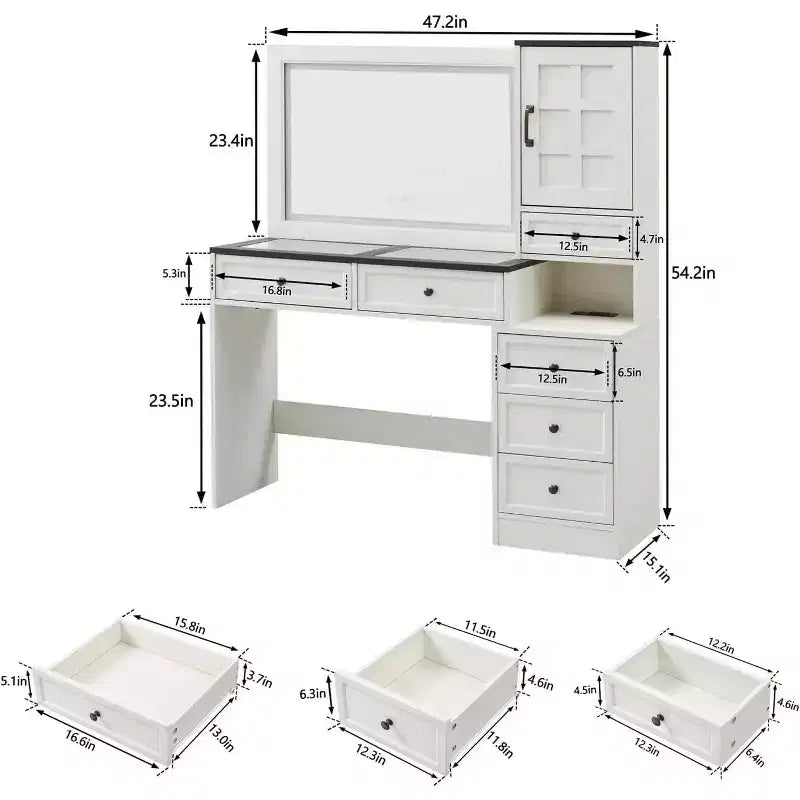 Coiffeuse de ferme avec miroir LED tactile, grande table de maquillage de 119 cm, 6 tiroirs, plateau en verre, station de charge, coiffeuse en bois rustique