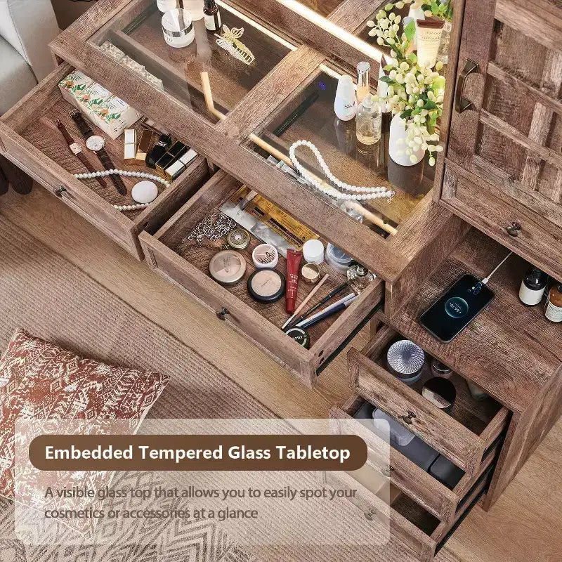 Coiffeuse de ferme avec miroir LED tactile, grande table de maquillage de 119 cm, 6 tiroirs, plateau en verre, station de charge, coiffeuse en bois rustique