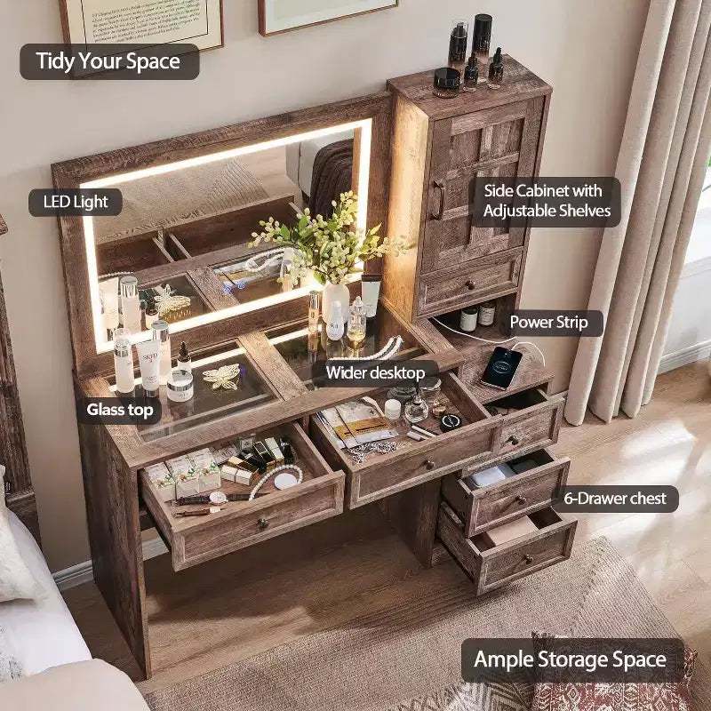 Coiffeuse de ferme avec miroir LED tactile, grande table de maquillage de 119 cm, 6 tiroirs, plateau en verre, station de charge, coiffeuse en bois rustique
