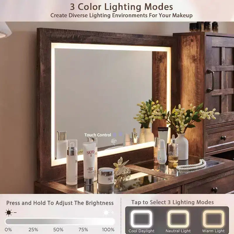 Coiffeuse de ferme avec miroir LED tactile, grande table de maquillage de 119 cm, 6 tiroirs, plateau en verre, station de charge, coiffeuse en bois rustique