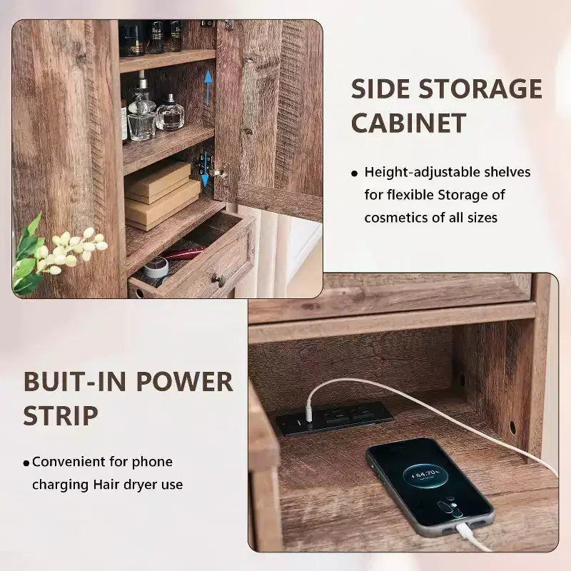 Coiffeuse de ferme avec miroir LED tactile, grande table de maquillage de 119 cm, 6 tiroirs, plateau en verre, station de charge, coiffeuse en bois rustique