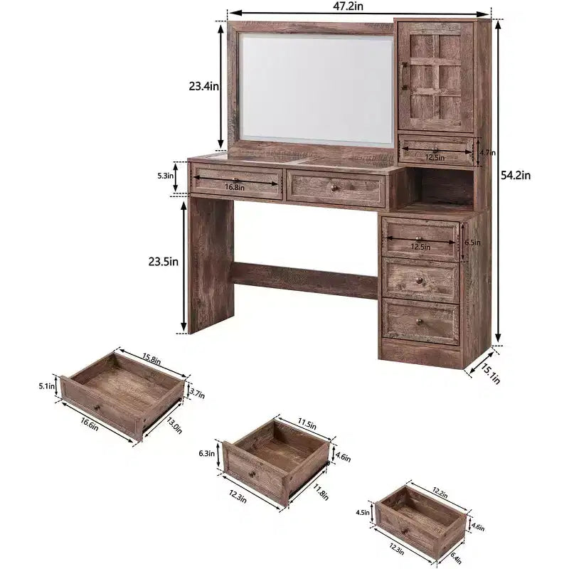 Coiffeuse de ferme avec miroir LED tactile, grande table de maquillage de 119 cm, 6 tiroirs, plateau en verre, station de charge, coiffeuse en bois rustique