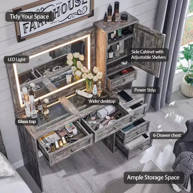 Coiffeuse de ferme avec miroir LED tactile, grande table de maquillage de 119 cm, 6 tiroirs, plateau en verre, station de charge, coiffeuse en bois rustique
