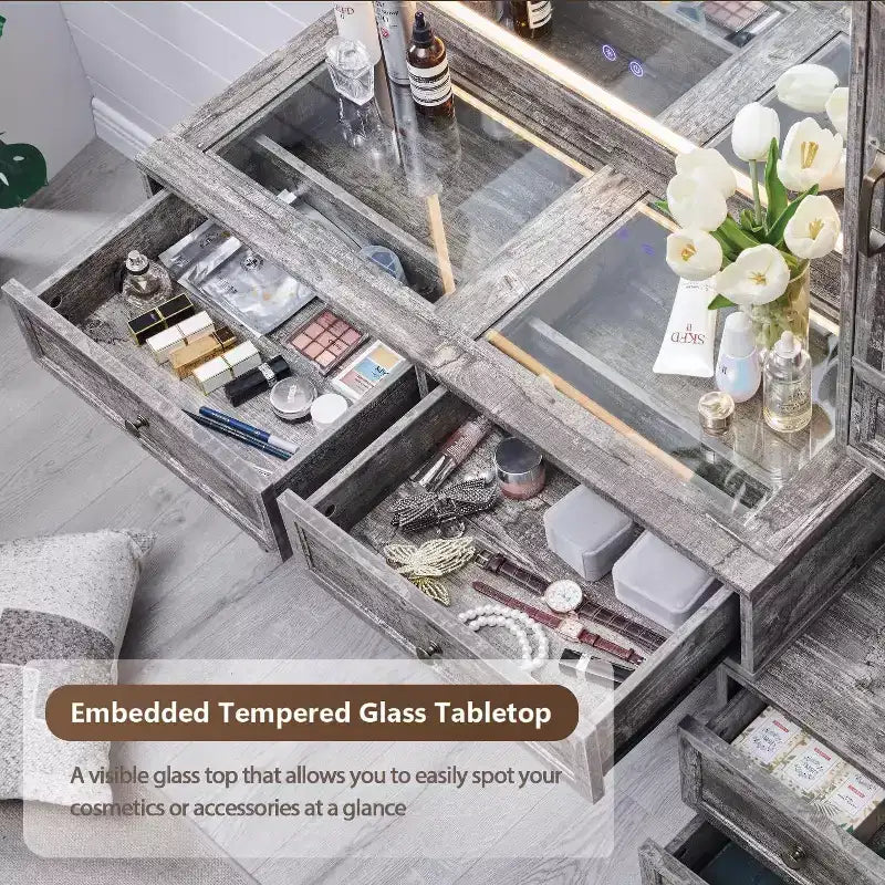 Coiffeuse de ferme avec miroir LED tactile, grande table de maquillage de 119 cm, 6 tiroirs, plateau en verre, station de charge, coiffeuse en bois rustique