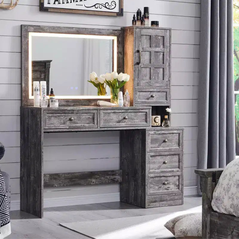 Coiffeuse de ferme avec miroir LED tactile, grande table de maquillage de 119 cm, 6 tiroirs, plateau en verre, station de charge, coiffeuse en bois rustique