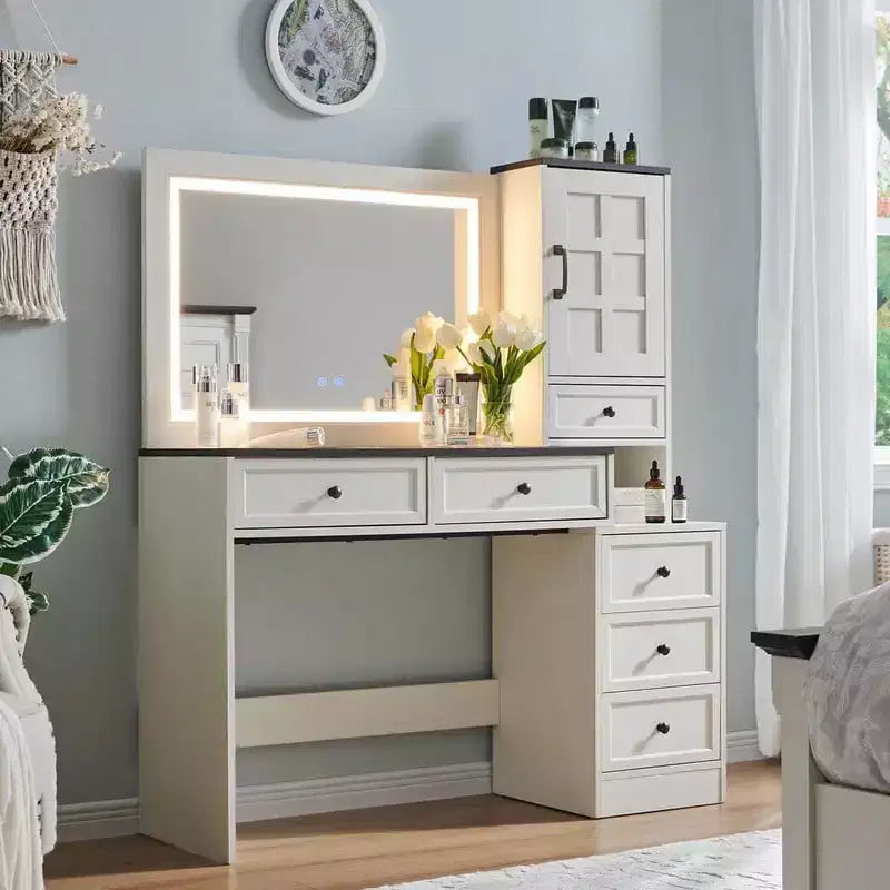 Coiffeuse de ferme avec miroir LED tactile, grande table de maquillage de 119 cm, 6 tiroirs, plateau en verre, station de charge, coiffeuse en bois rustique