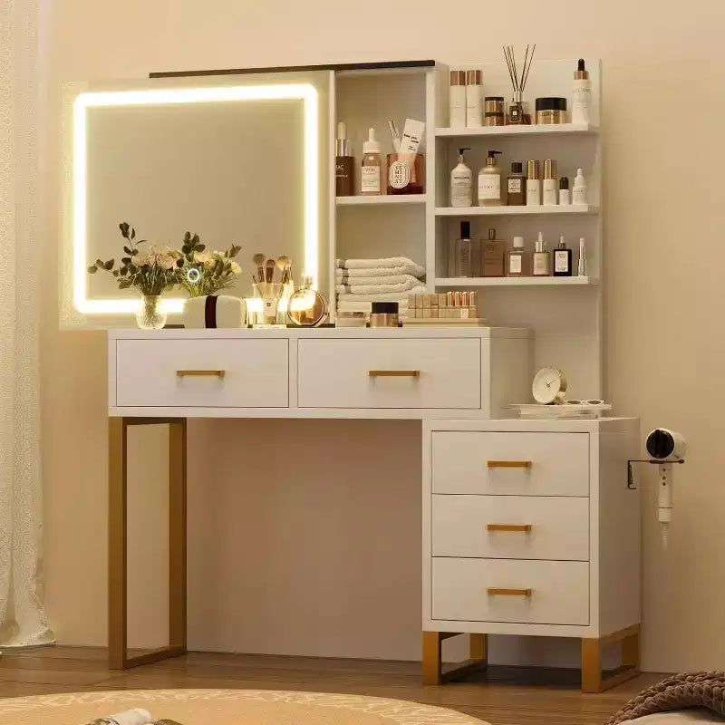 Coiffeuse avec miroir et lumières, coiffeuse de maquillage avec miroir coulissant éclairé, 3 modes d'éclairage, 5 grands tiroirs et 3 niveaux, pour chambre à coucher, blanc