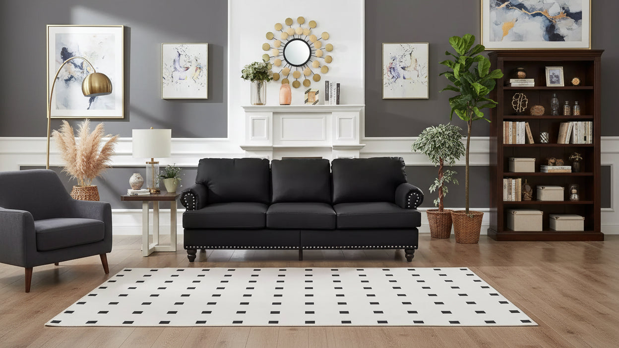 MAYEERTY 83 Modern Three Seater Sofa with Nails Upholstered Initation Cowhide Leather for Living Room Black