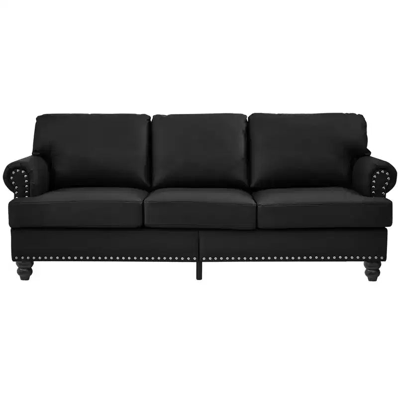 83 Canapé moderne trois places avec clous, revêtement imitation cuir de vachette, pour salon, noir