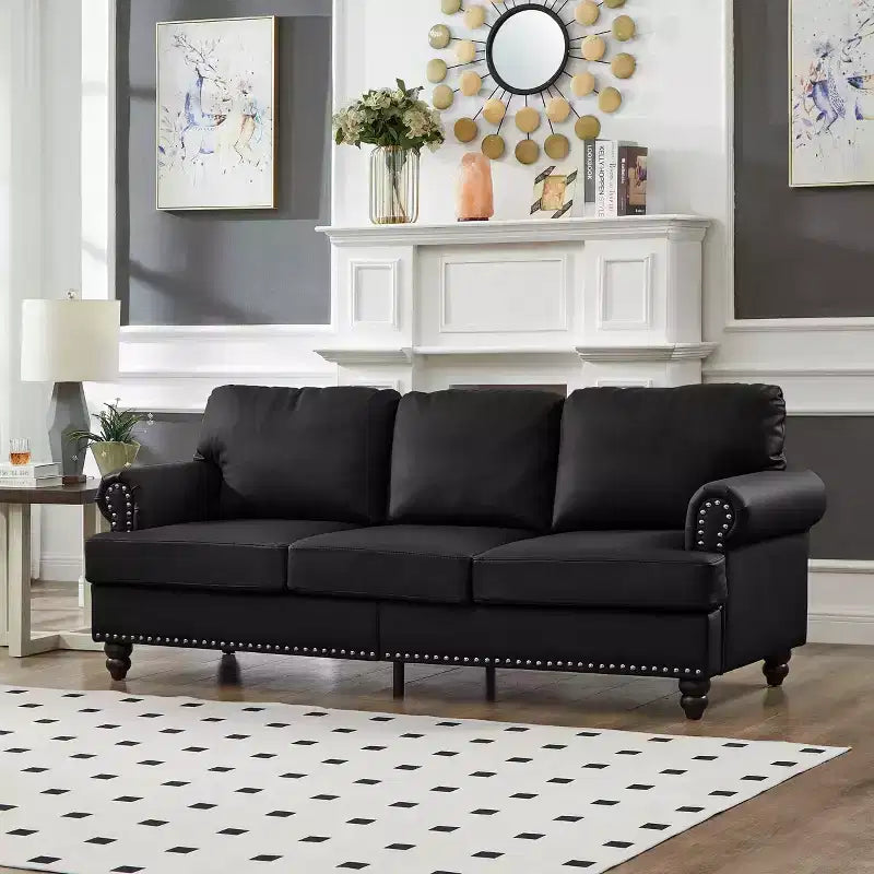 83 Canapé moderne trois places avec clous, revêtement imitation cuir de vachette, pour salon, noir